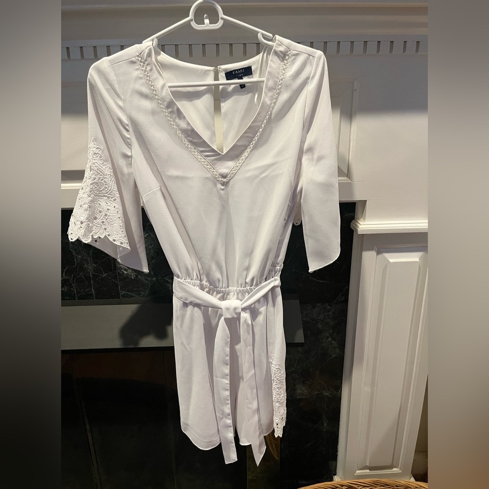 Kaari Blue white romper with eyelet sleeves
